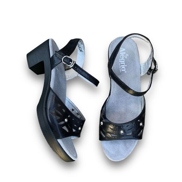 Alegria Reese Uptown Black Leather Studded Laser cut Comfort Heel Sandals 9.5-10 - Picture 1 of 16